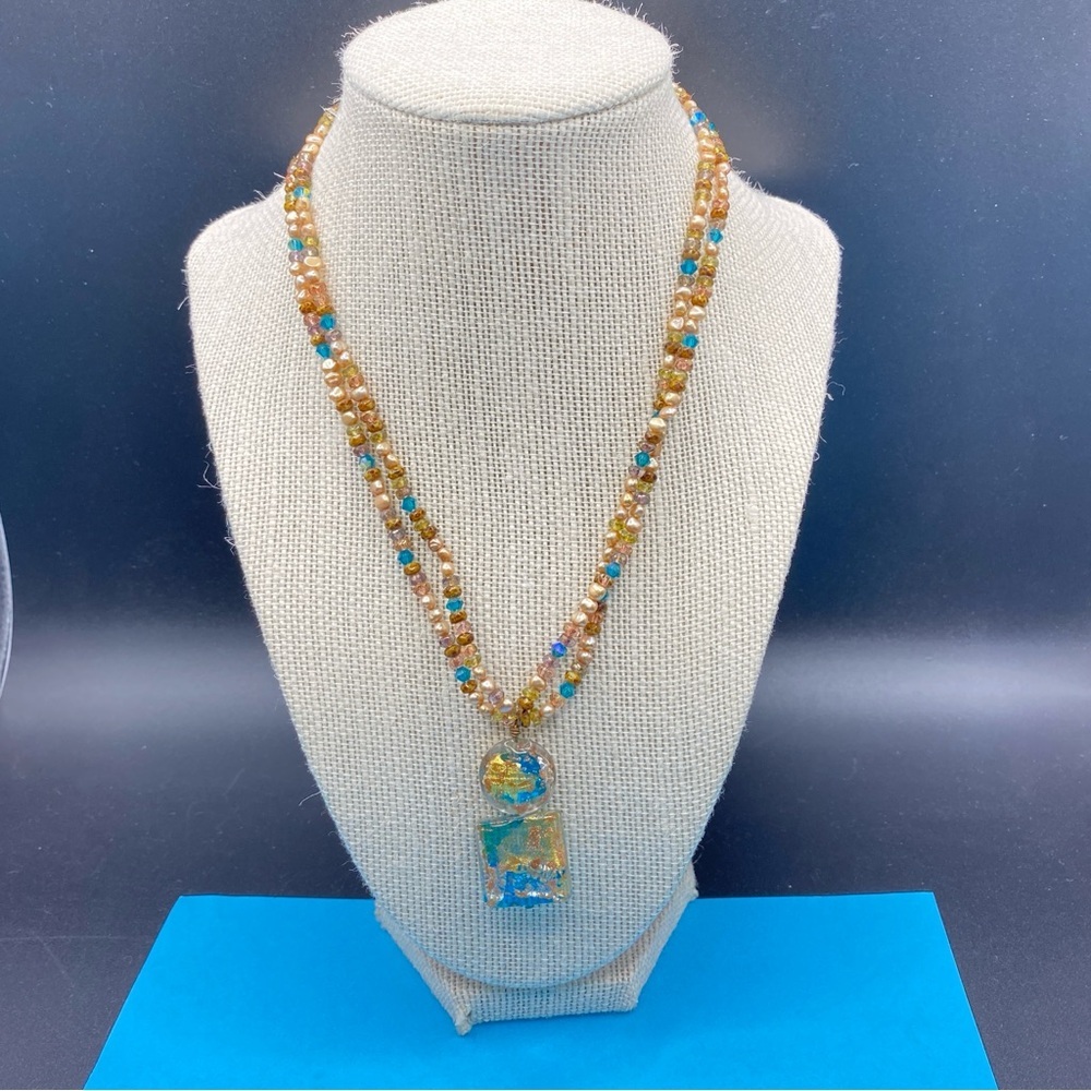 Art Glass Gold Tone Double Strand Artisan Made Bead Necklace